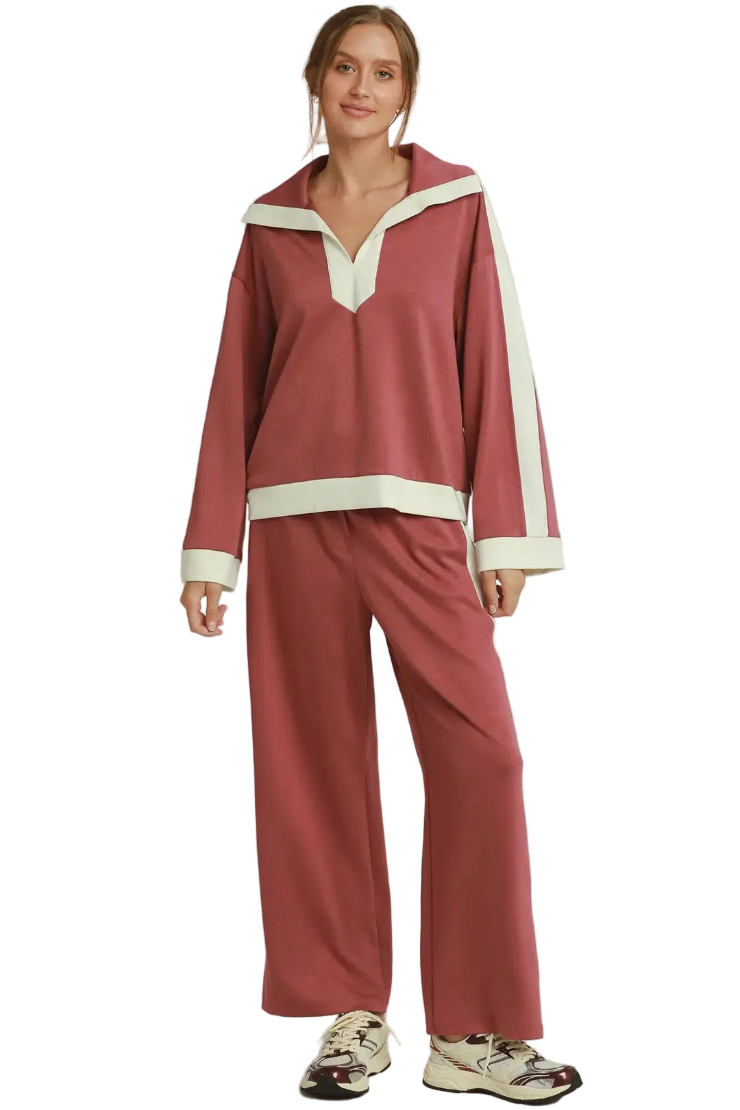 Umgee Women's Marsala Contrast Collar Top