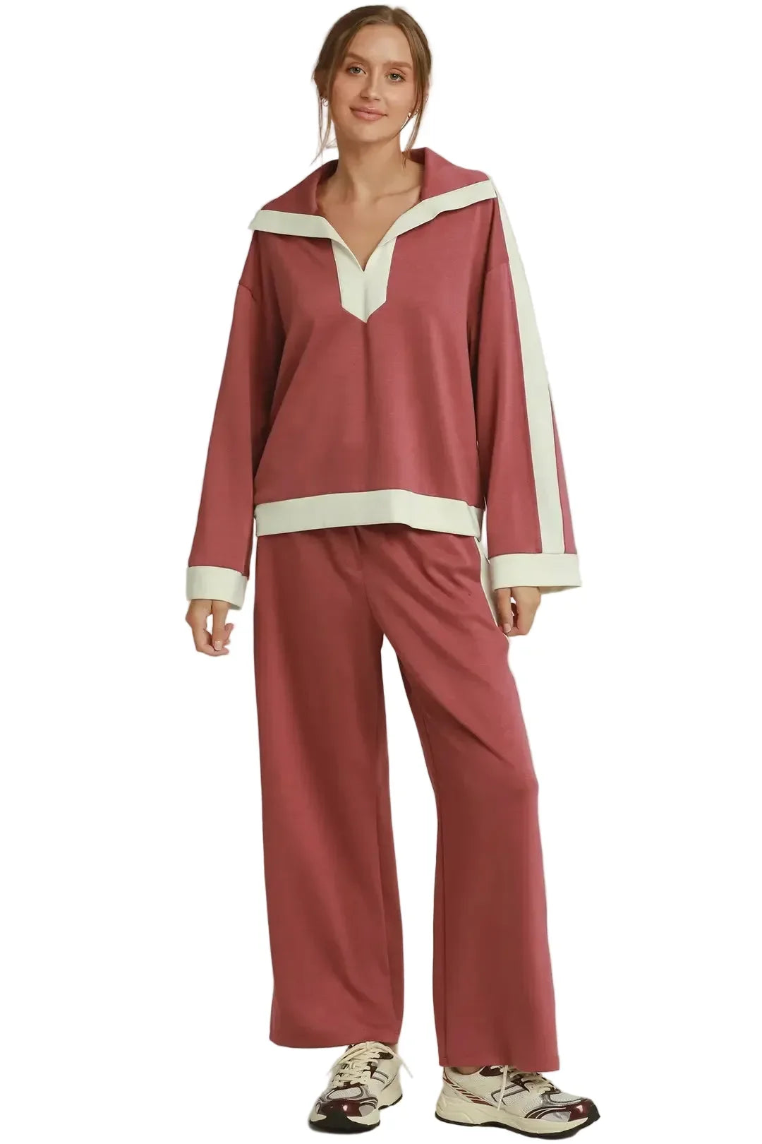 Umgee Women's Marsala Contrast Collar Top