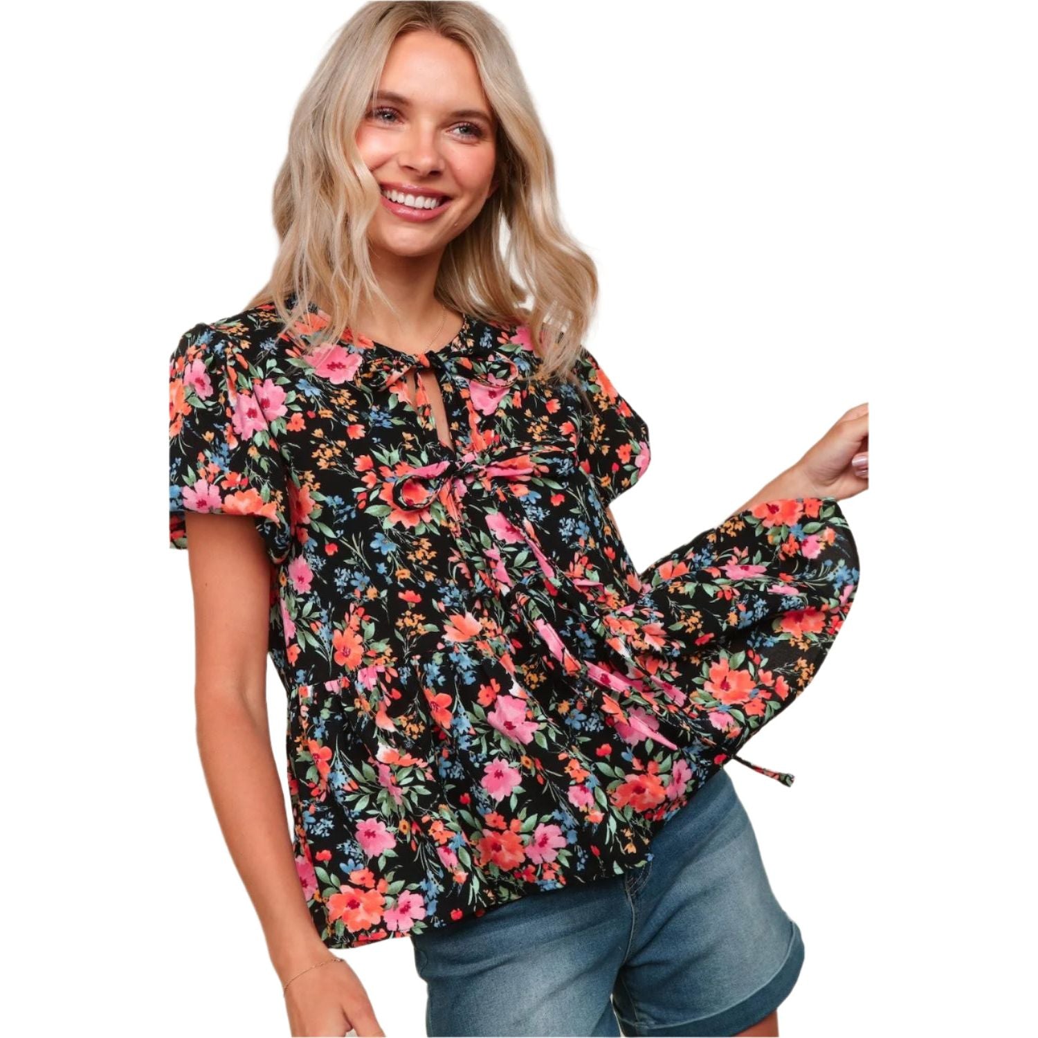 Women's Floral Woven Blouse With Front Ribbon Bow Tie HT4947M - Crazy House Western Wear