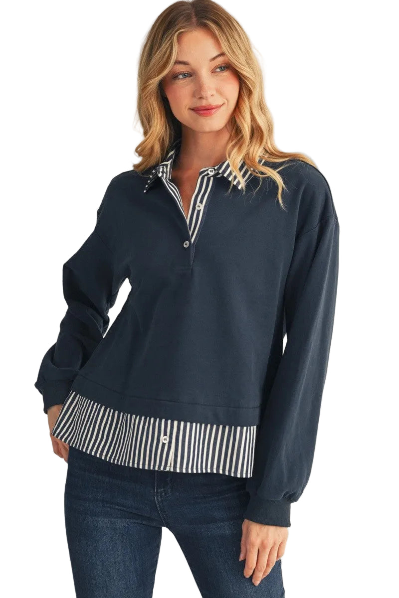 Jodifl Women's Navy Stripe Contrast Accent Casual Top