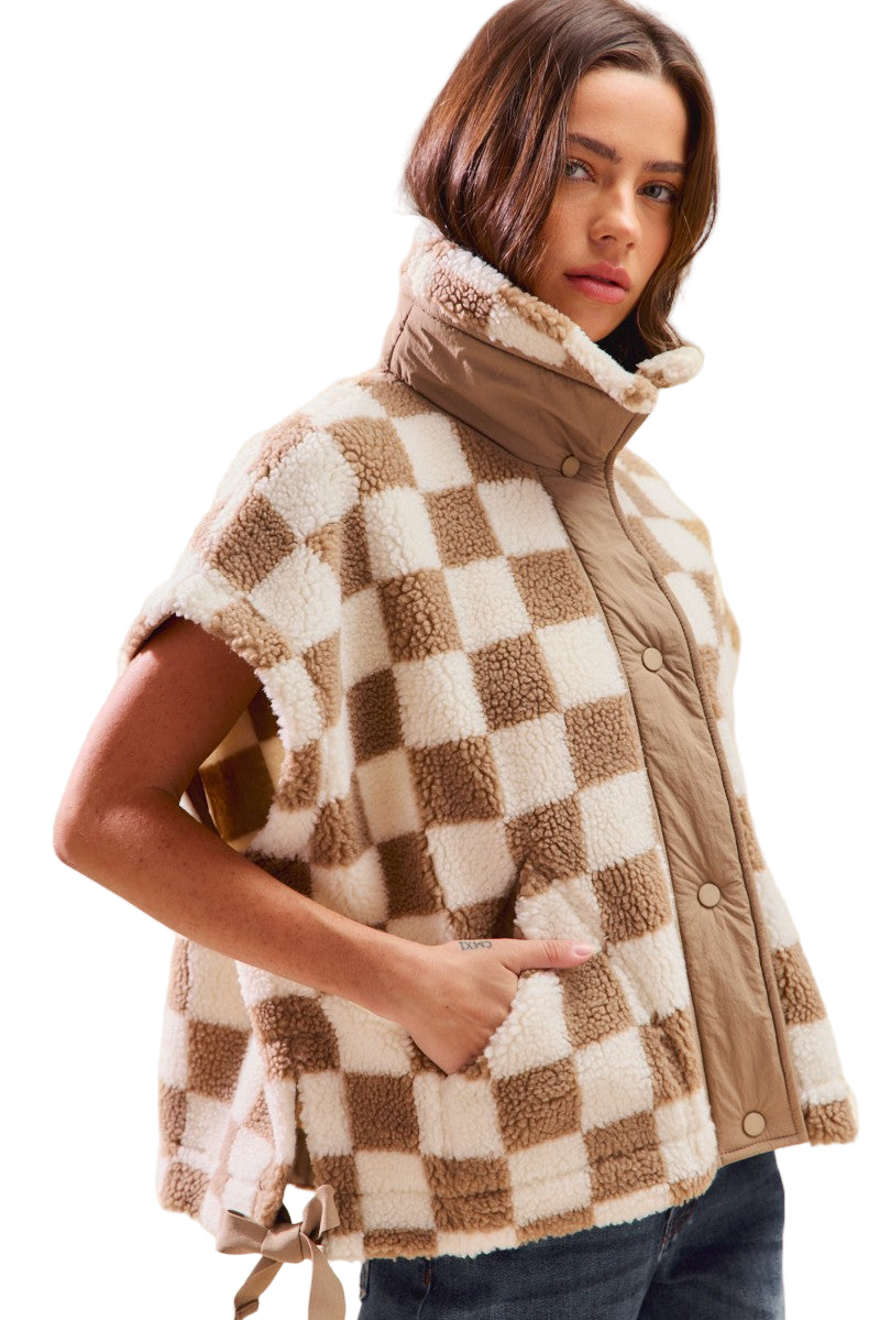 Women's Oversized Sherpa Fleece Checker Vest Jacket ST2049F