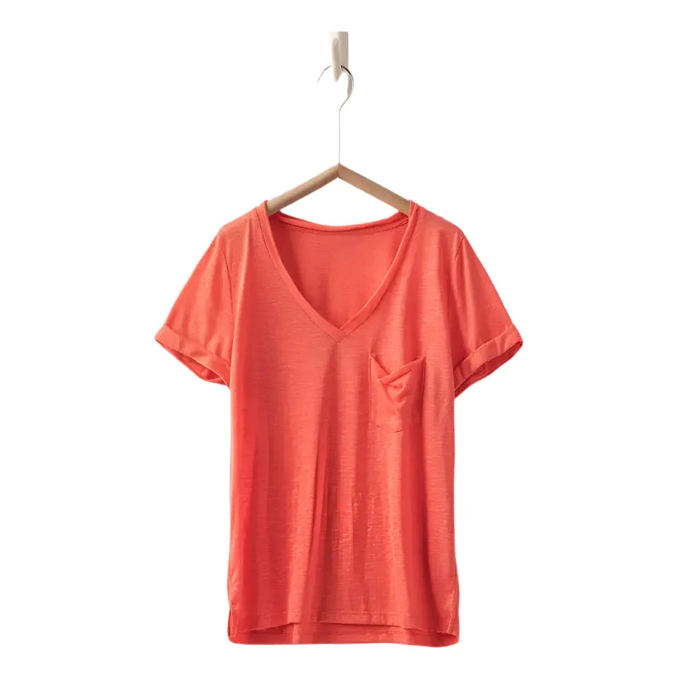 Women's Rolled Sleeve V-neck Pocket T-shirt UDTH5534T - Crazy House Western Wear