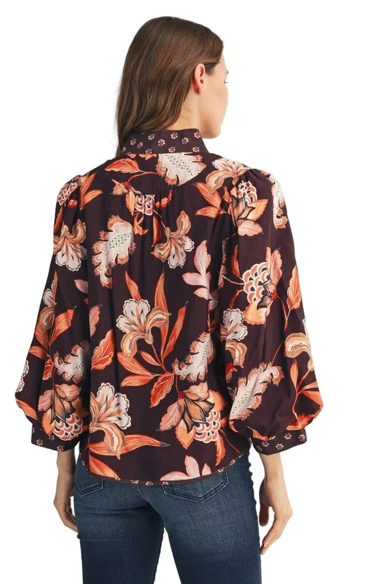 Women's Jodifl Brown Puff Sleeves Floral Fabric Mix Top