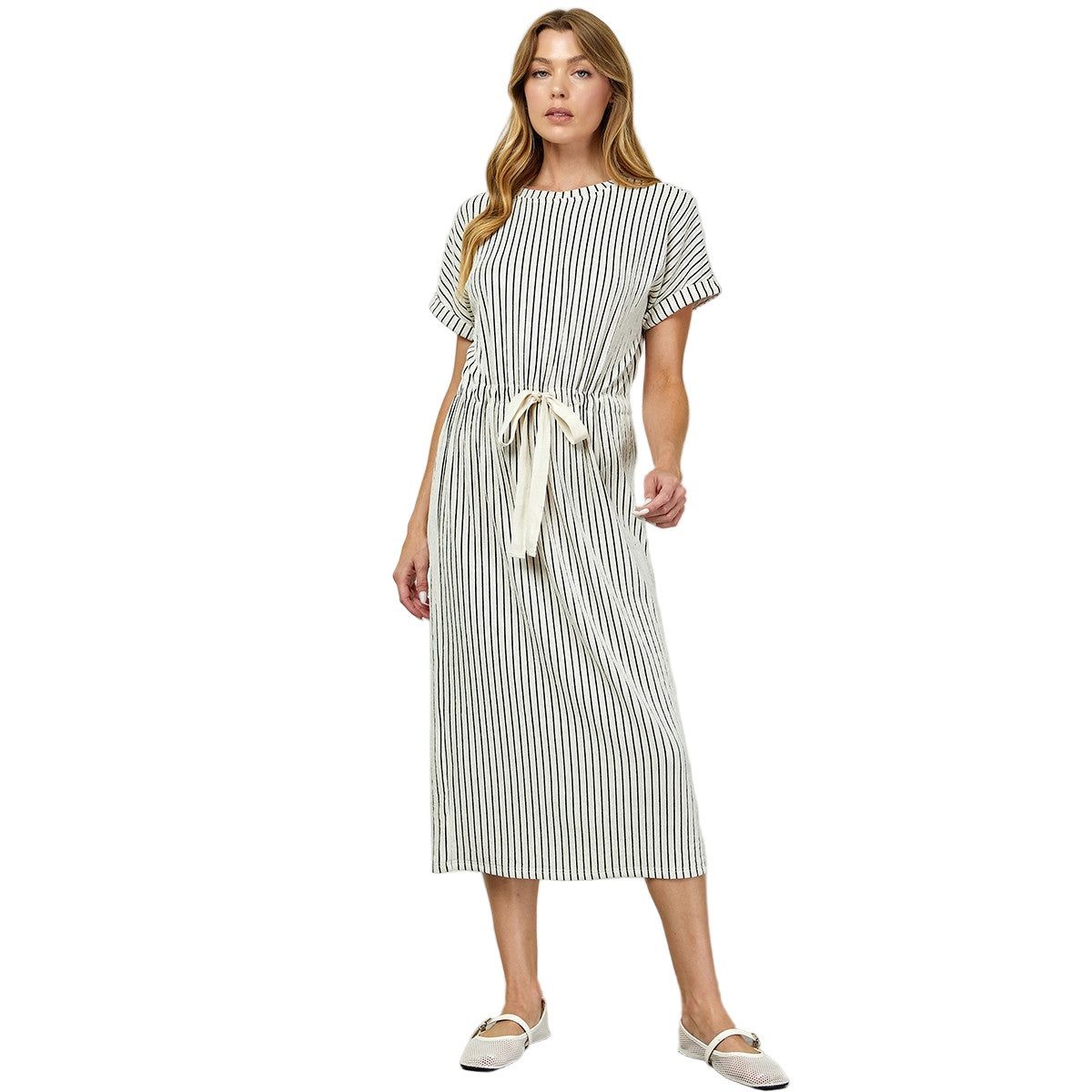 Women's Striped Midi Dress with Drawstring Waist D5917 L Women's Striped Midi Dress with Drawstring Waist D5917 L