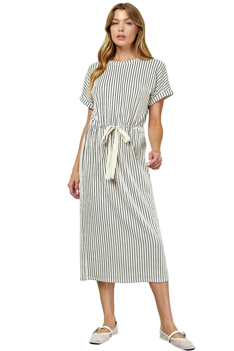 Women's Striped Midi Dress With Drawstring Waist D5917