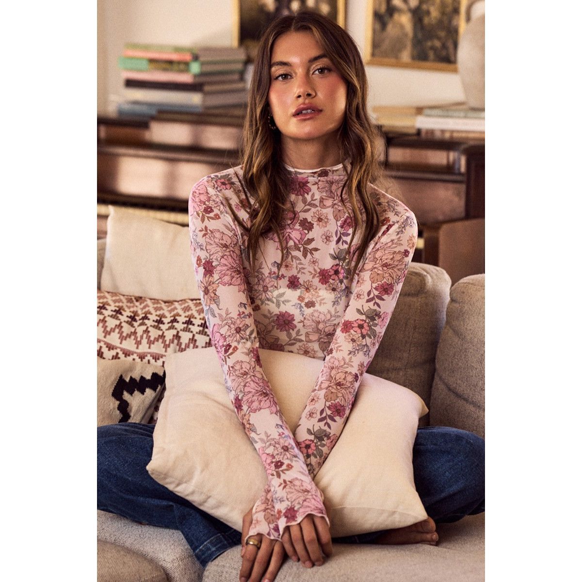 Floral Print Mesh Knit Long Top