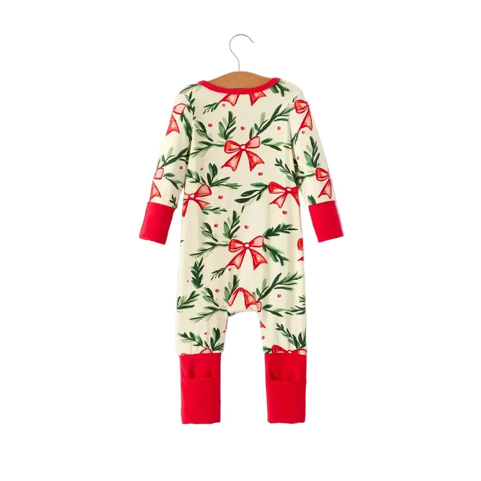 Girl's Christmas Bow and Holly Print Pajama Romper