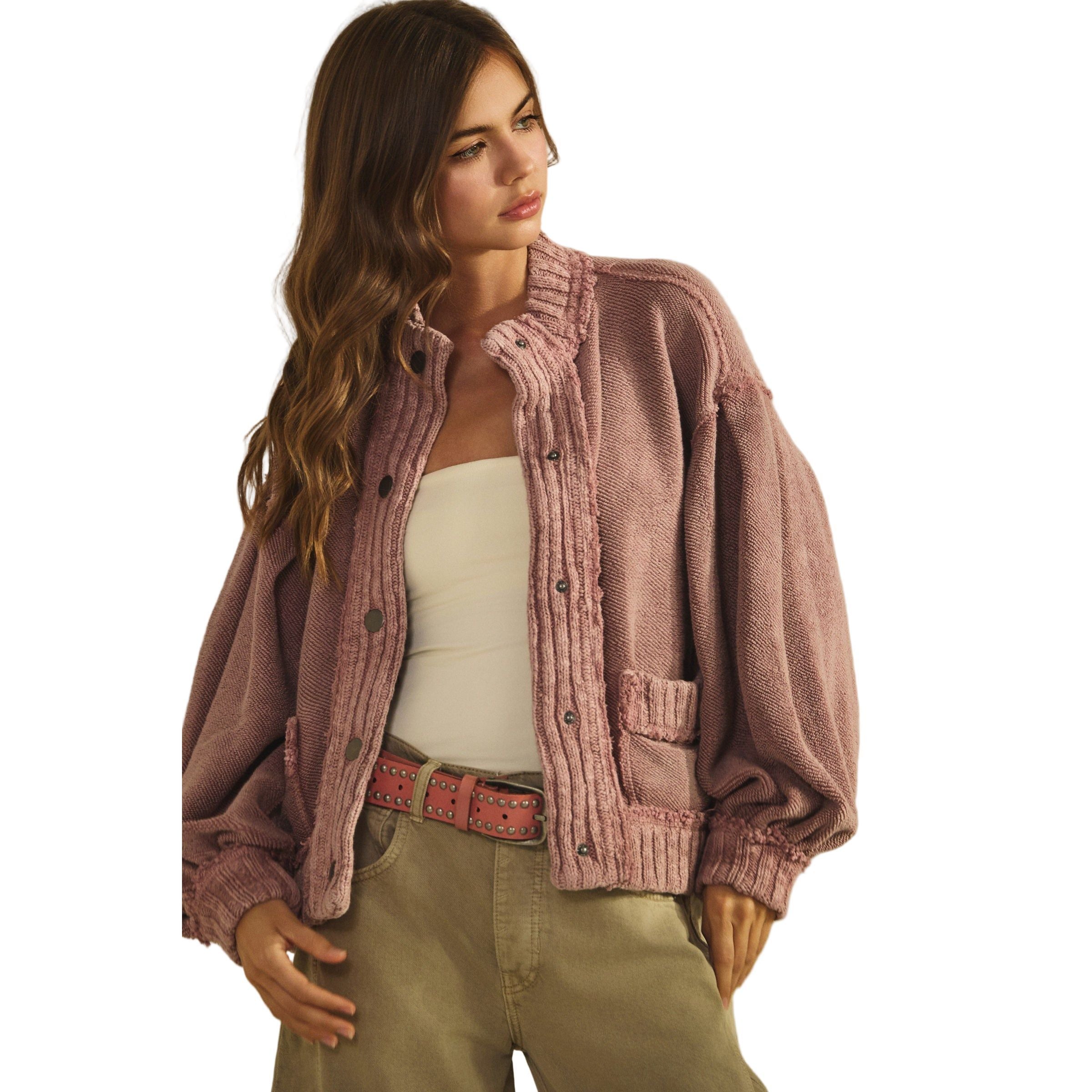 Women's Washed Vintage Ribbed Knit Trim Cardigan Jacket DJ3019-01