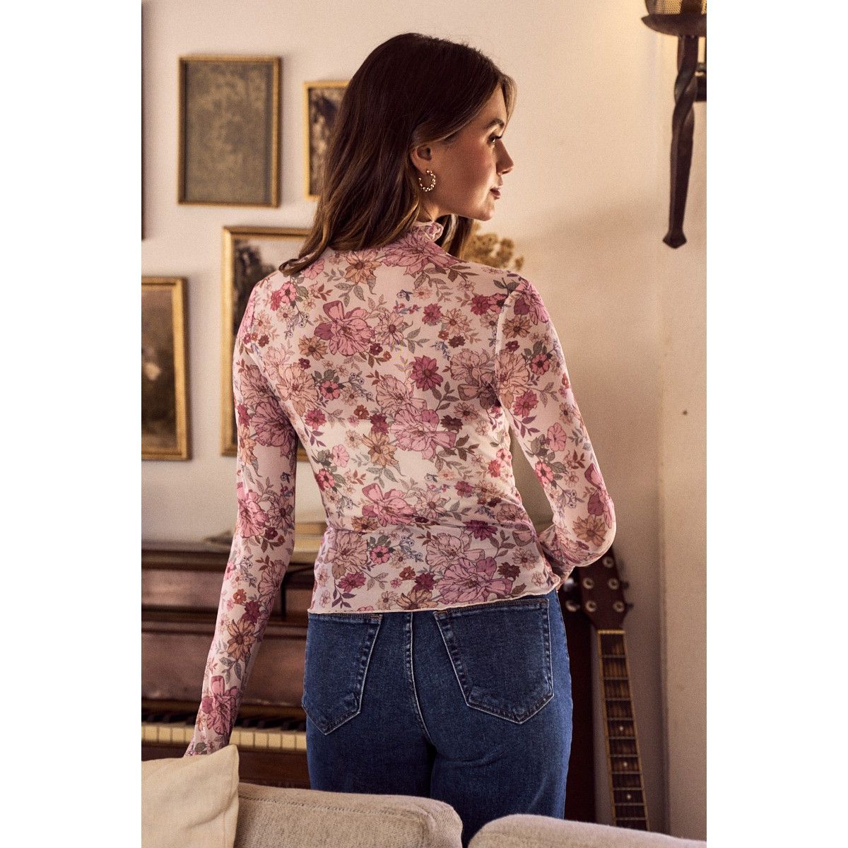 Floral Print Mesh Knit Long Top