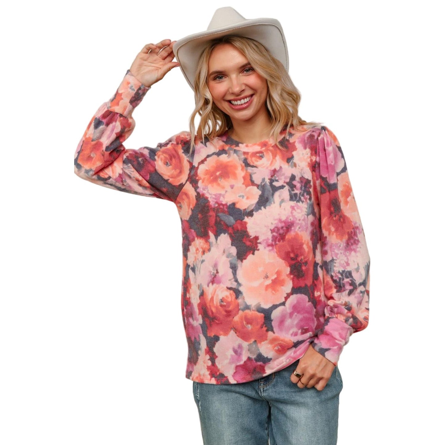 Women's Plus Round Neck Floral Brushed Hacci Knit Top HT4487DX