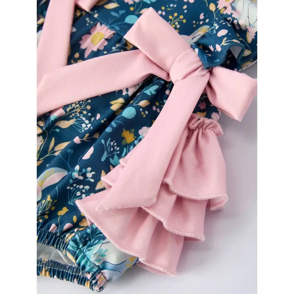 Girl's Teal Easter Bunny Garden Ruffle Sleeve Romper