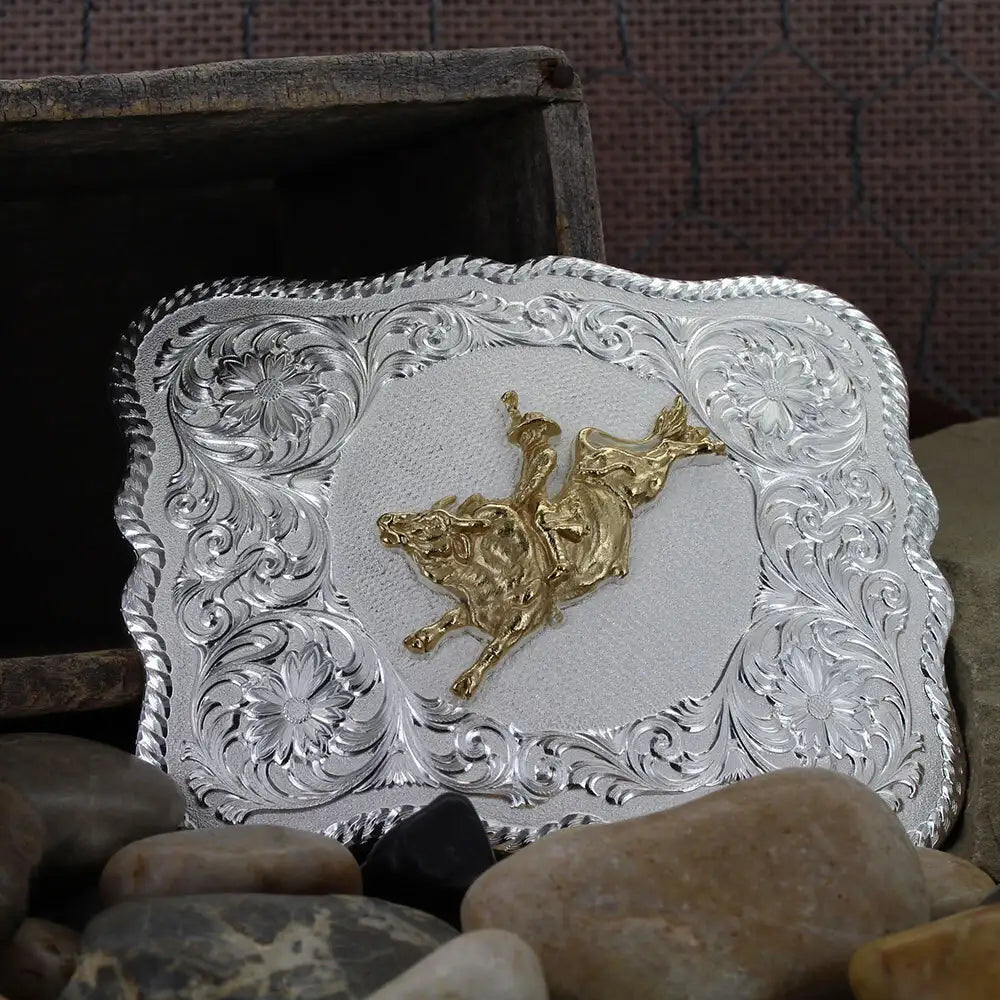 Men's Montana Silversmiths Scalloped Silver Western Buckle with Bull Rider 61669-528