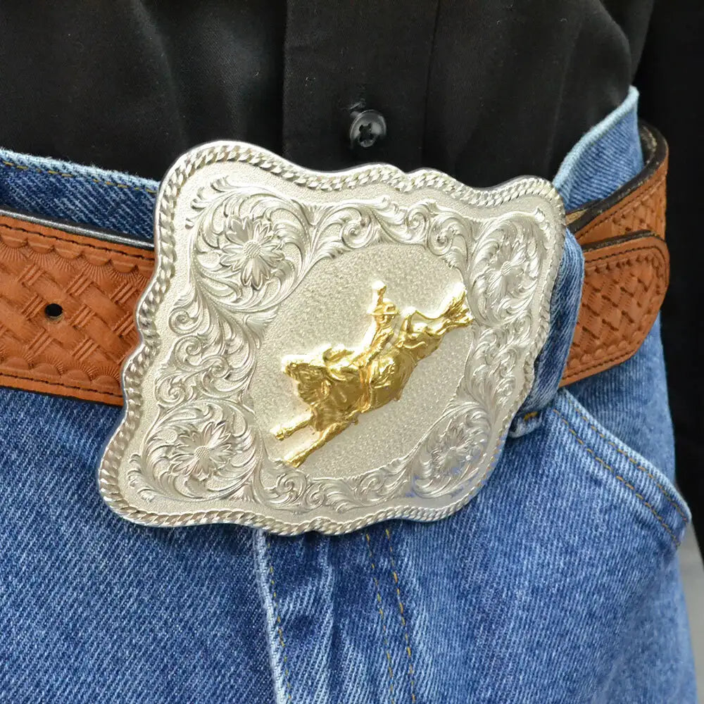Men's Montana Silversmiths Scalloped Silver Western Buckle with Bull Rider 61669-528