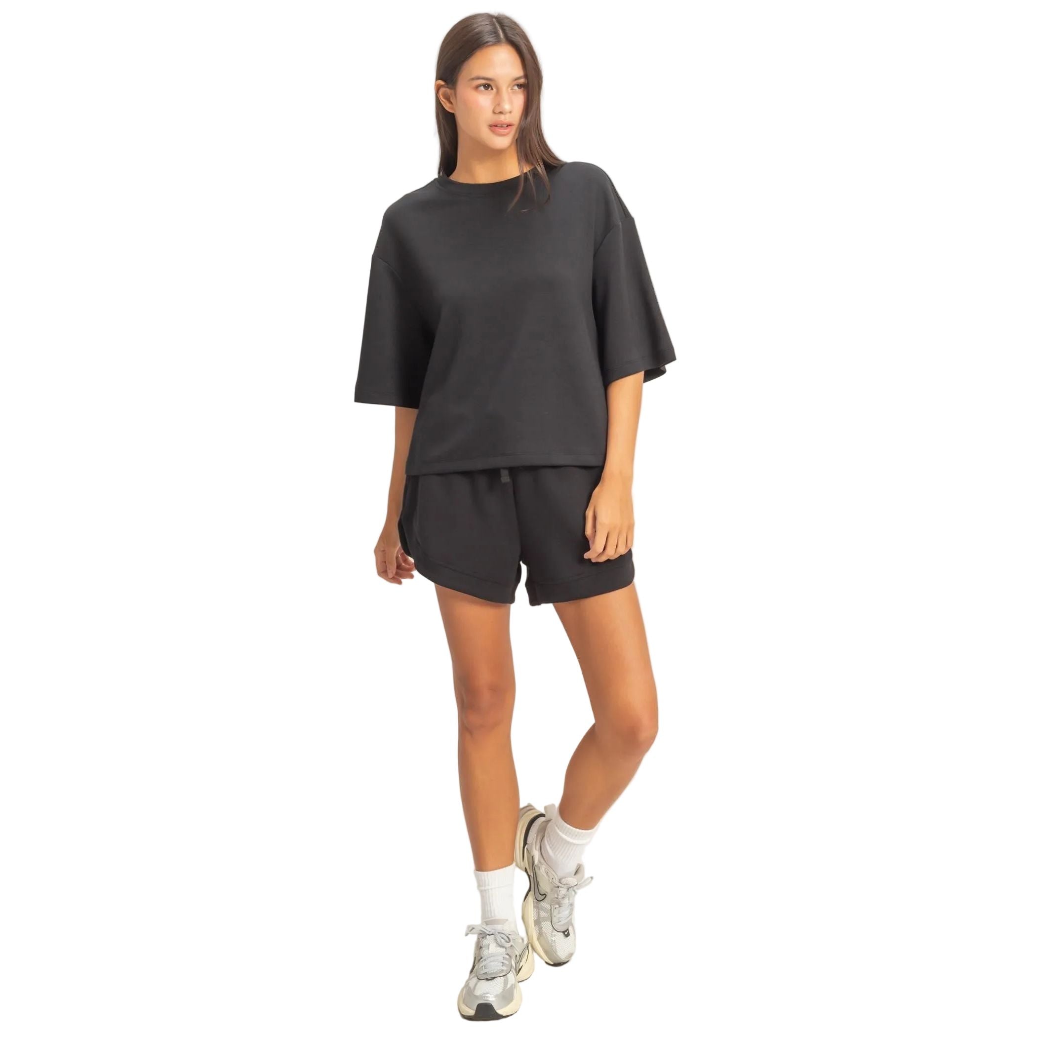 Women's Black Scuba Short Sleeve Boxy Top DZ26A271-BLK-WB