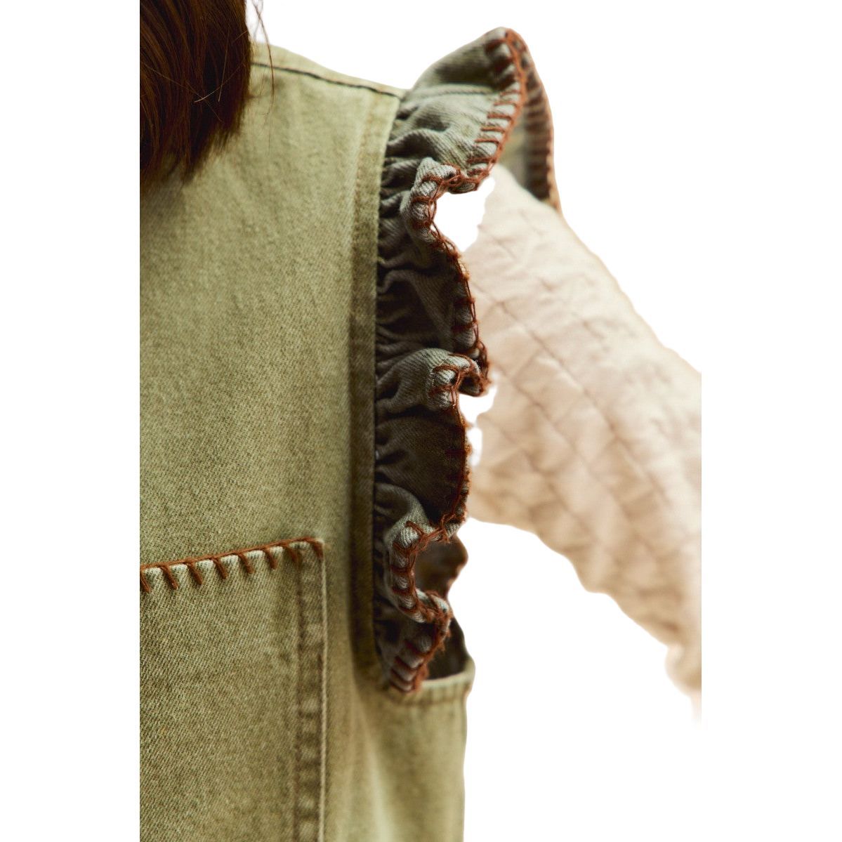 Women's Olive Washed Denim Stitch Ruffled Hidden Button Vest Top