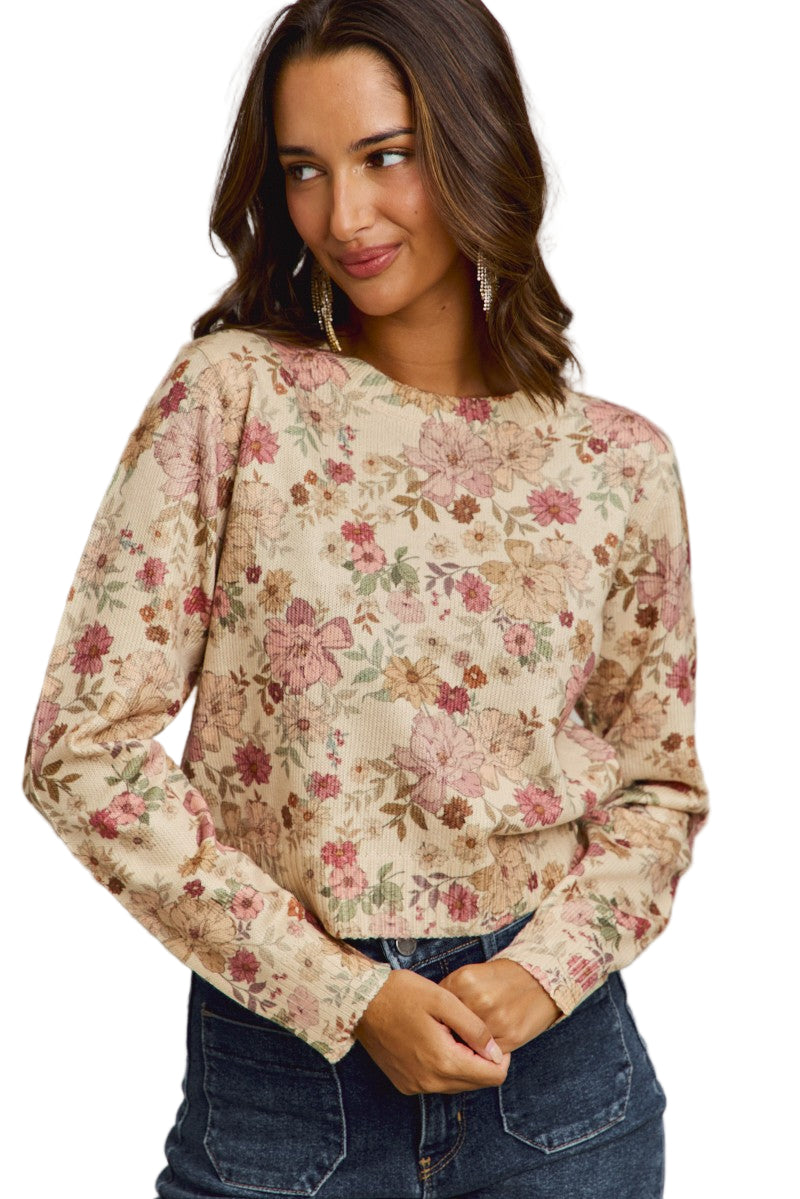 Women's Floral Crew Neck Long Sleeves Sweater Knit Top ST3677F-01