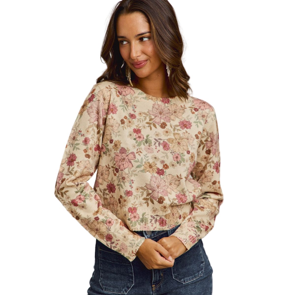 Women's Floral Crew Neck Long Sleeves Sweater Knit Top ST3677F-01