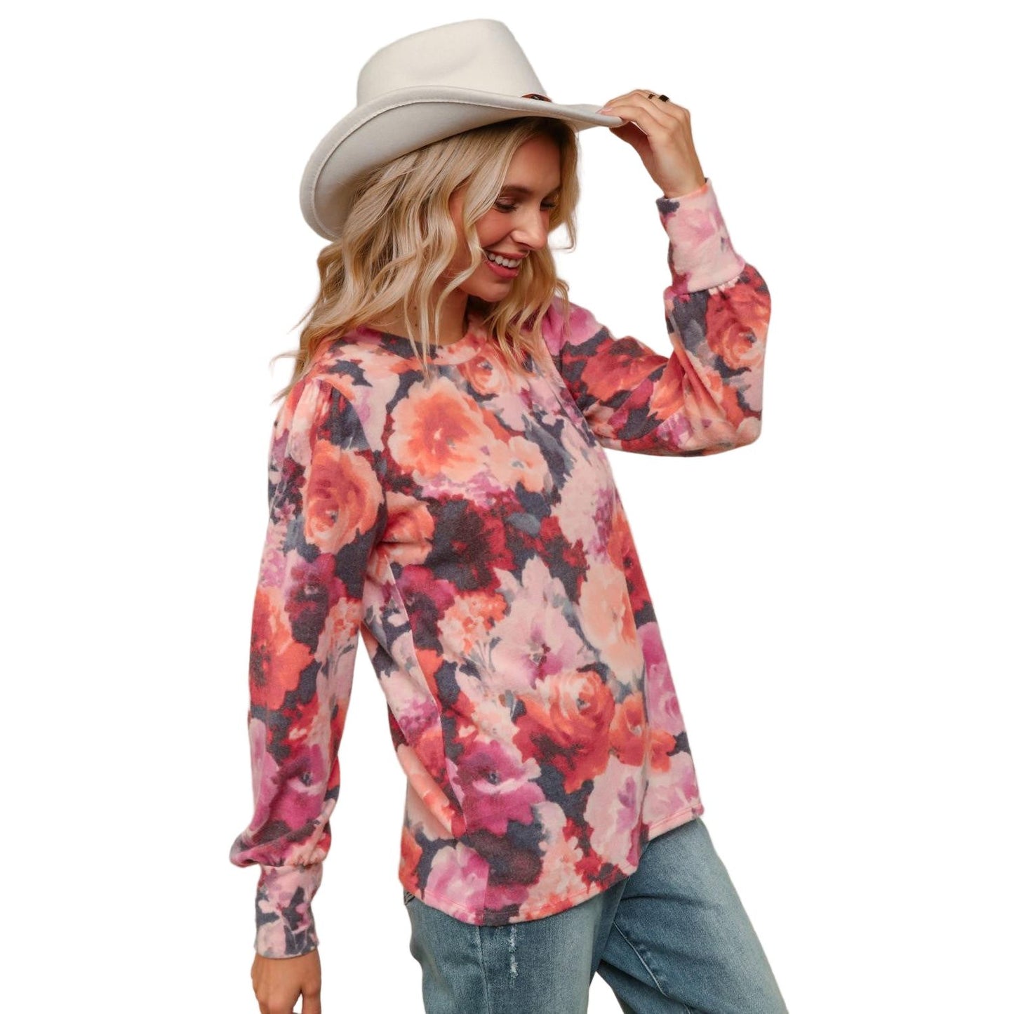 Women's Plus Round Neck Floral Brushed Hacci Knit Top HT4487DX