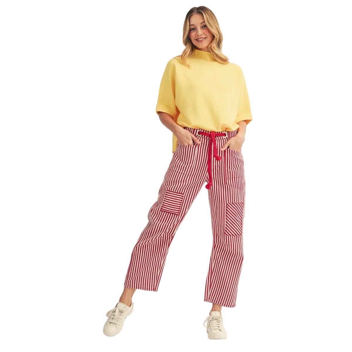 Women's Red Cotton Braid Drawstring Waist Stripe Barrel Pants R7111-4