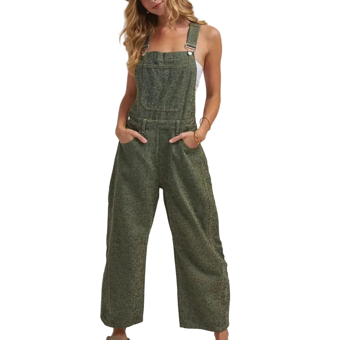Women's Vintage Olive Leopard Overall Jumpsuit EC10992