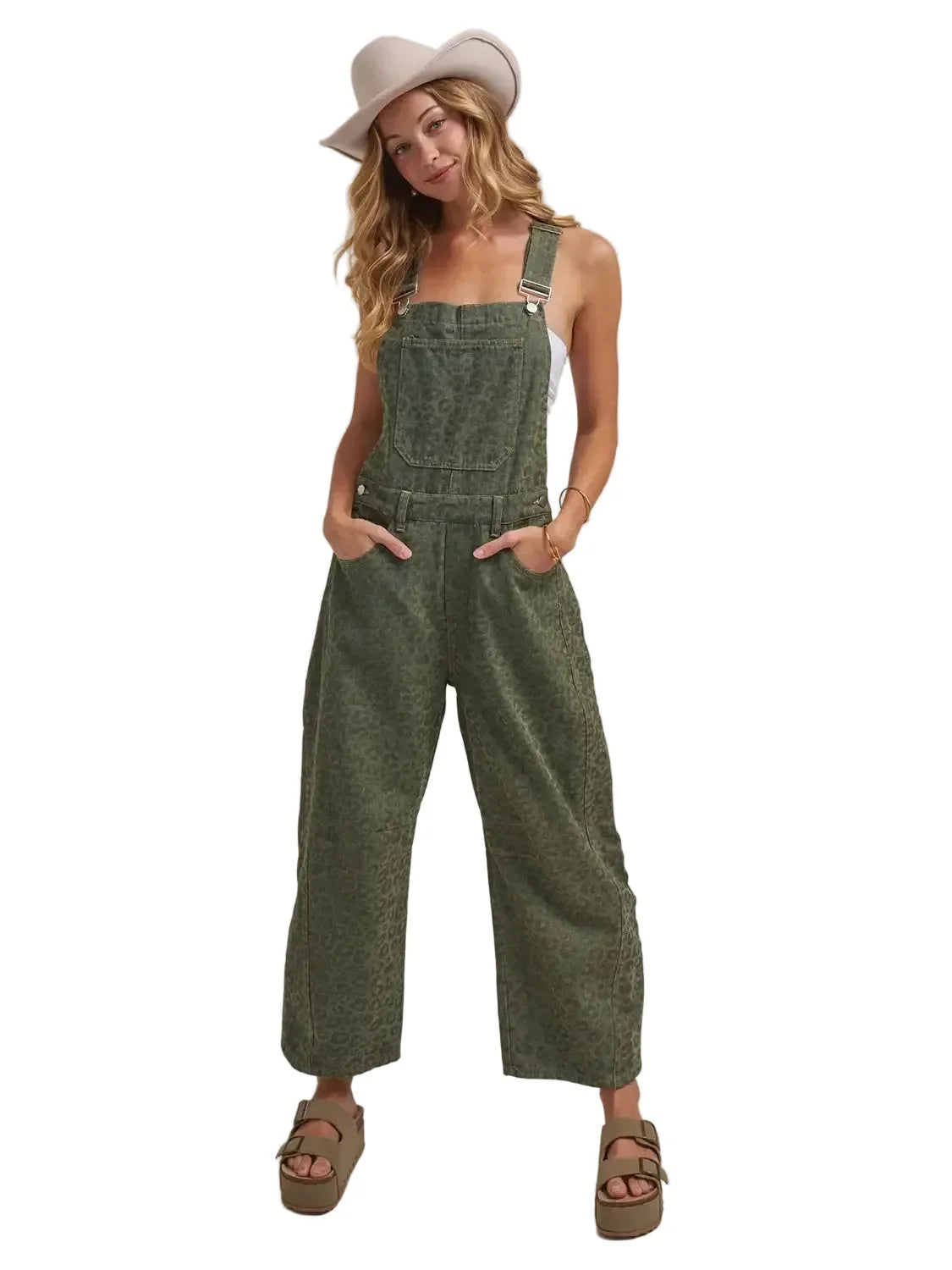Women's Vintage Olive Leopard Overall Jumpsuit EC10992