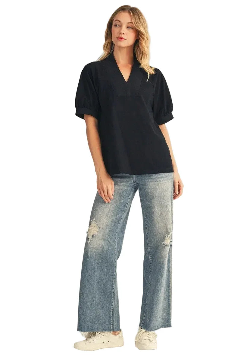 Women's Jodifl Black Rib Contrast V Neck Solid Top