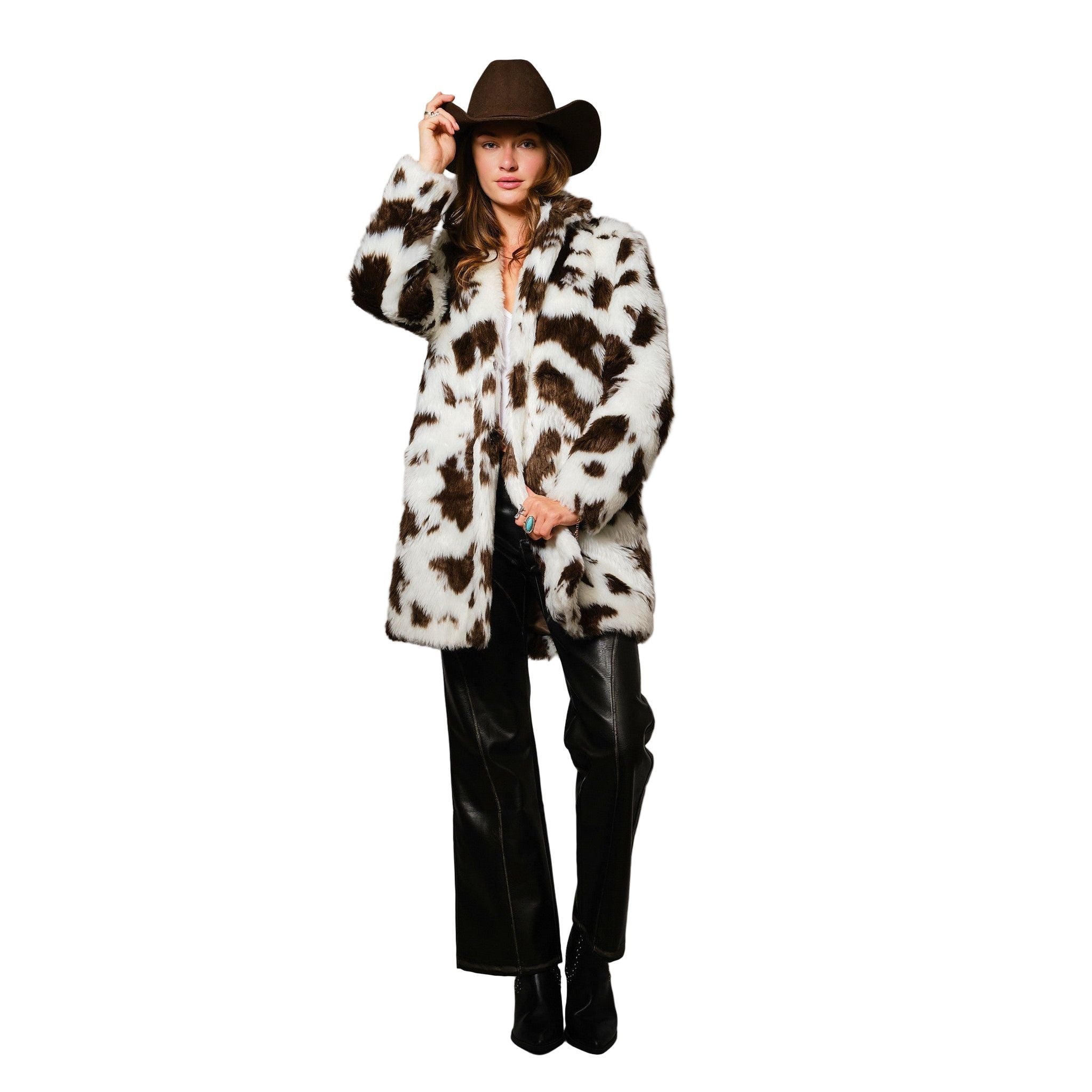 Women's Cow Print Faux Fur Mid Coat 37181J