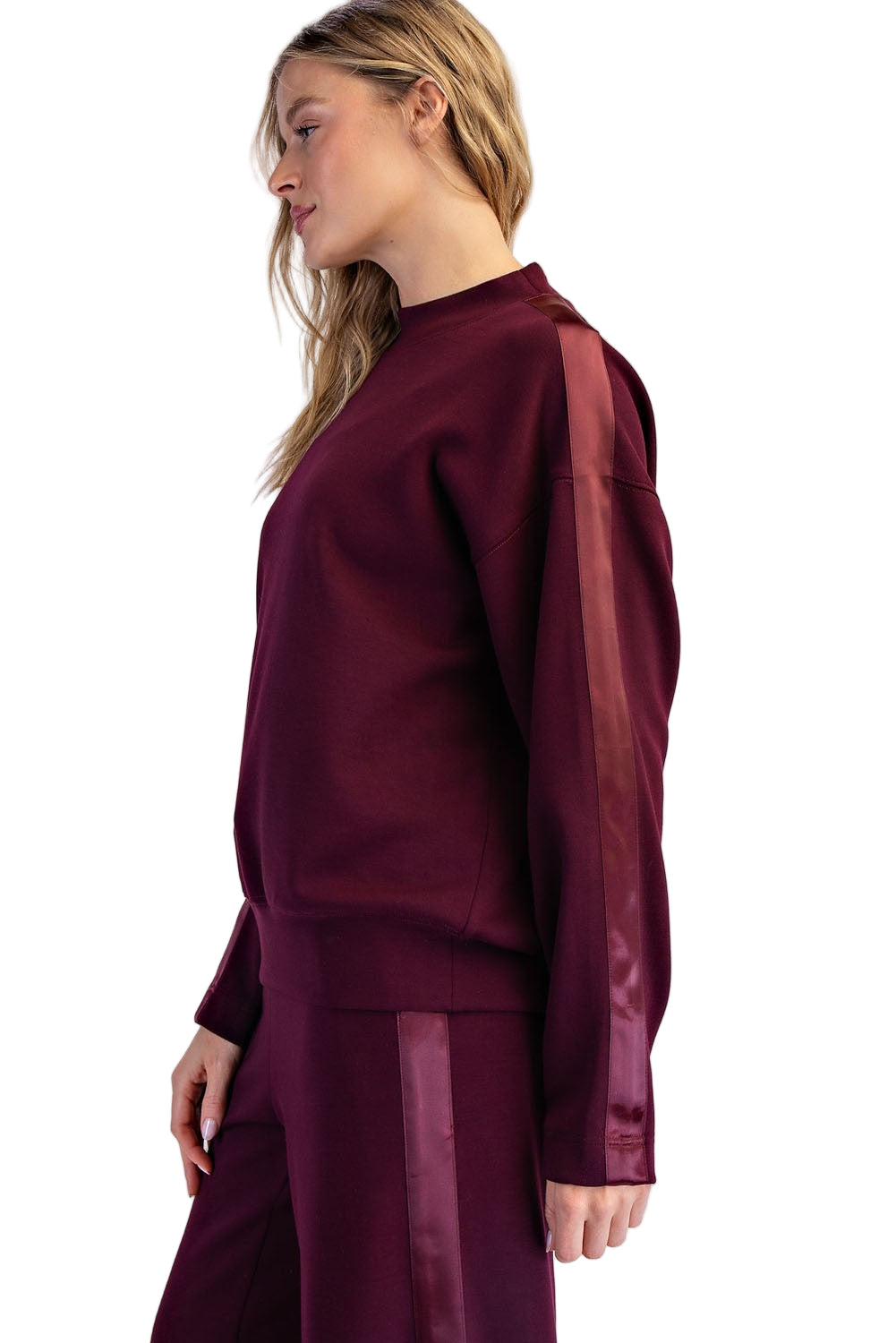 Women's Rae Mode Scuba Luxe Satin Crew Neck Pullover T0068