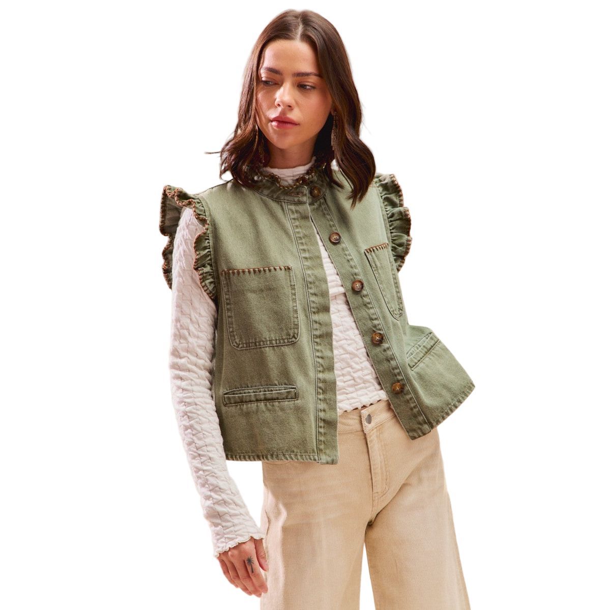 Women's Olive Washed Denim Stitch Ruffled Hidden Button Vest Top