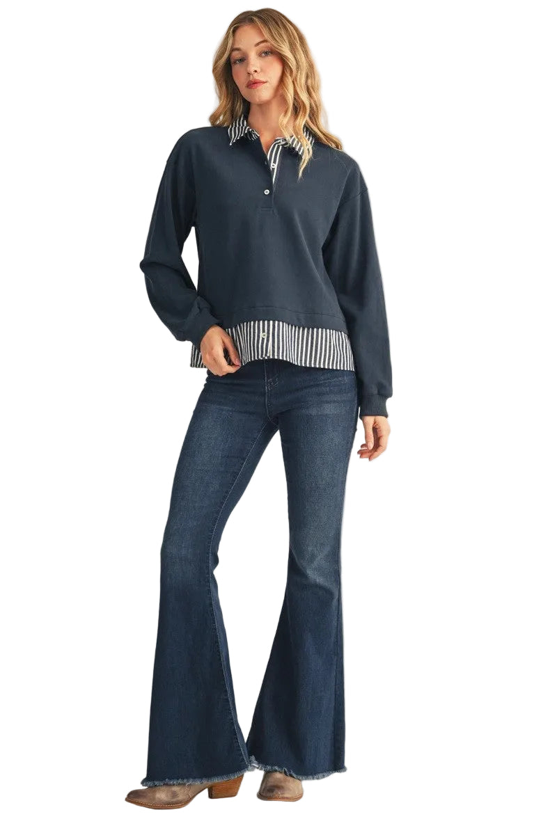 Jodifl Women's Navy Stripe Contrast Accent Casual Top