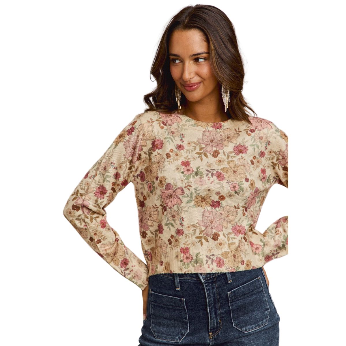 Women's Floral Crew Neck Long Sleeves Sweater Knit Top ST3677F-01