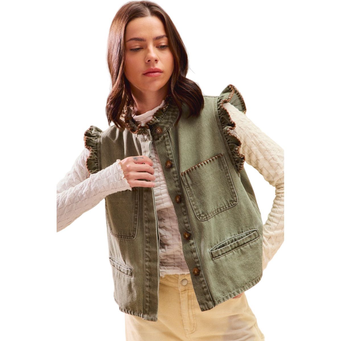 Women's Olive Washed Denim Stitch Ruffled Hidden Button Vest Top