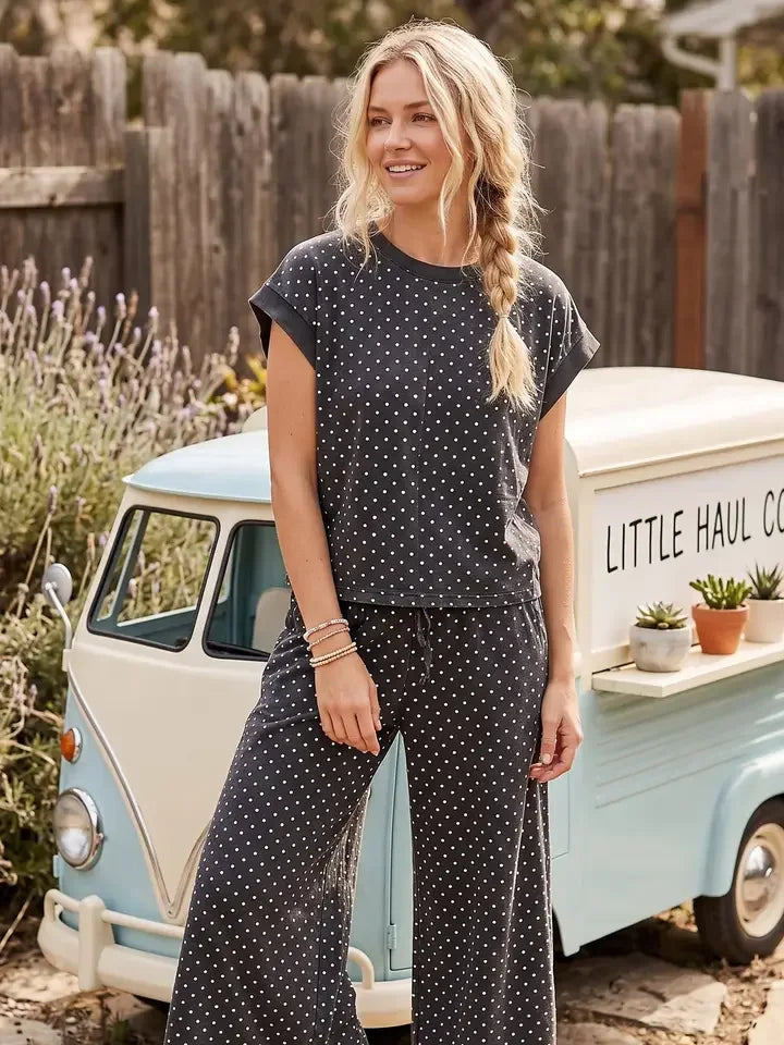 Women's Charcoal Mini Polka Dot Scuba Lounge Set SNS2339