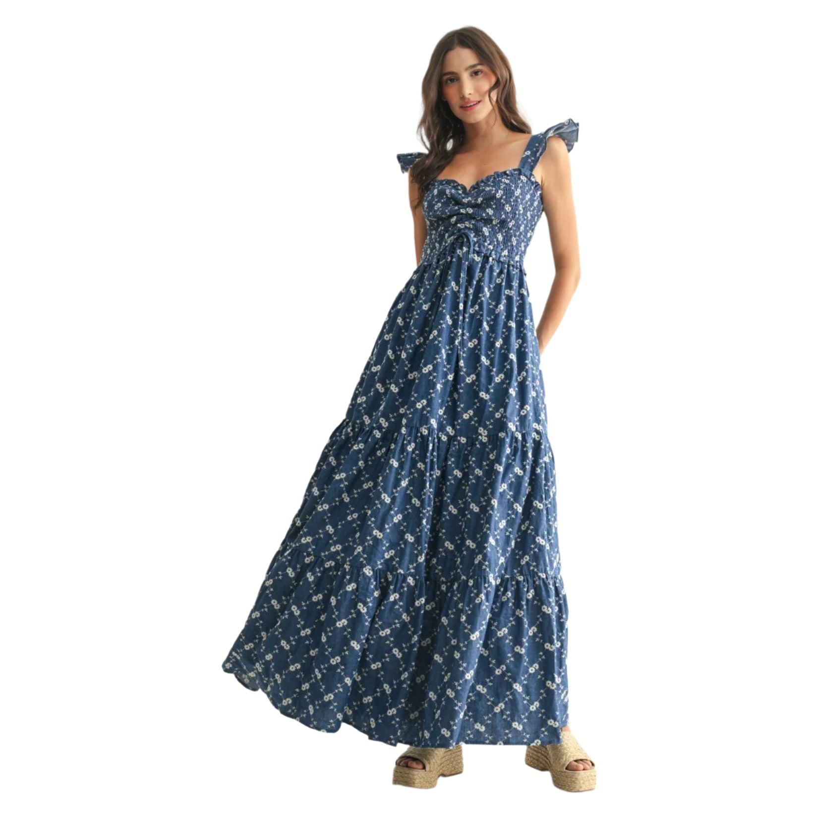 Women's Denim Floral Maxi Dress - Crazy House Western Wear
