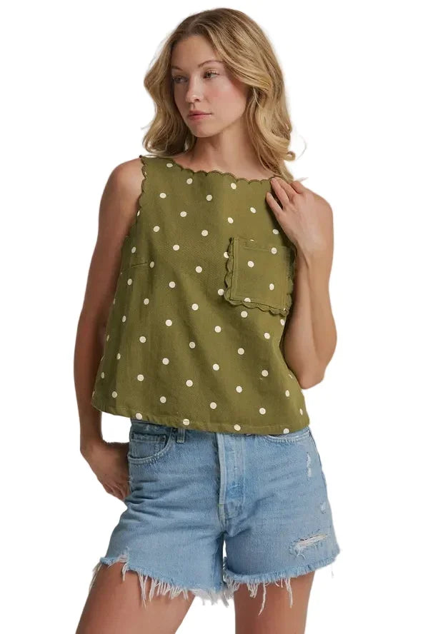 Women's Olive/Cream Polka Dot Twill Top with Patch Pocket