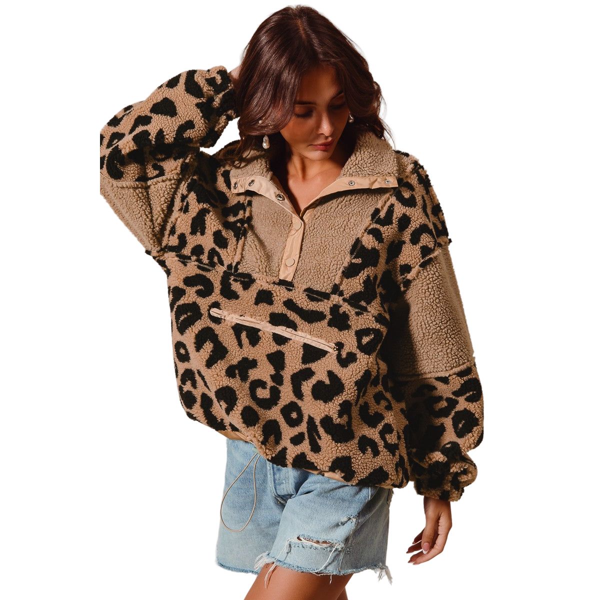 Women's Leopard Fleece Block Pullover Top With Pockets