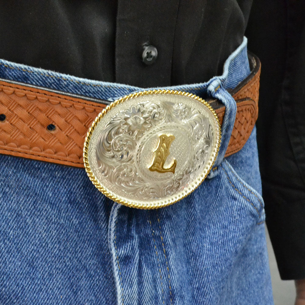 Montana Silversmiths Initial L Silver Engraved Gold Trim Western Belt Buckle 700L