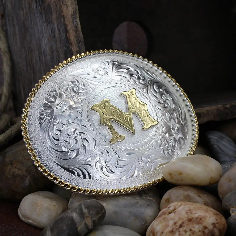 Montana Silversmiths Initial M Silver Engraved Gold Trim Western Belt Buckle 700M