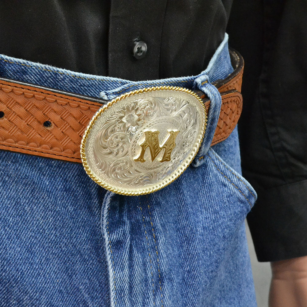 Montana Silversmiths Initial M Silver Engraved Gold Trim Western Belt Buckle 700M
