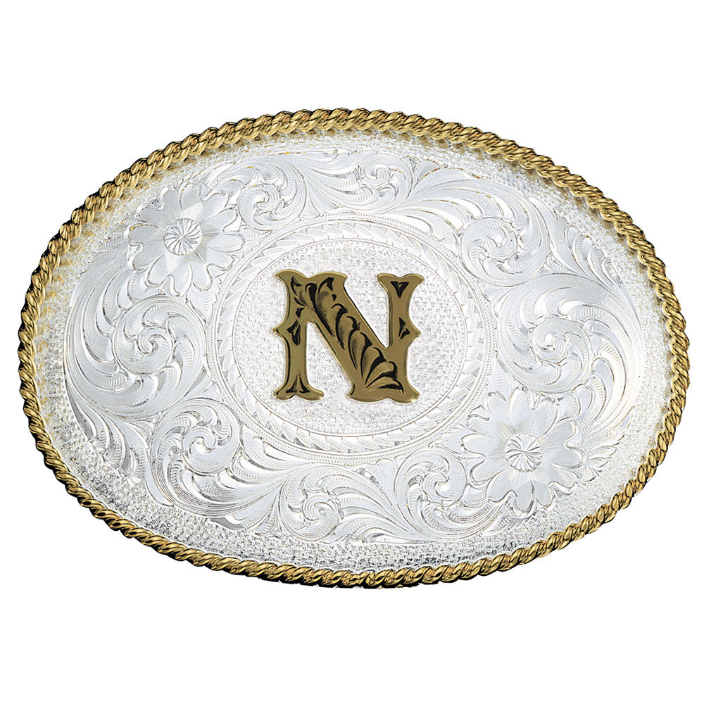 Montana Silversmith Initial N Silver Engraved Gold Trim Western Belt Buckle 700N