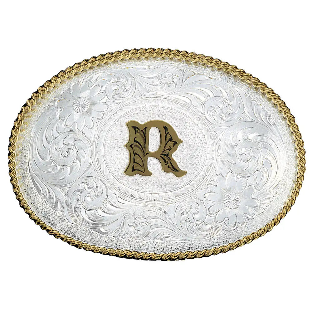 Montana Silversmiths Initial R Silver Engraved Gold Trim Western Belt Buckle 700R