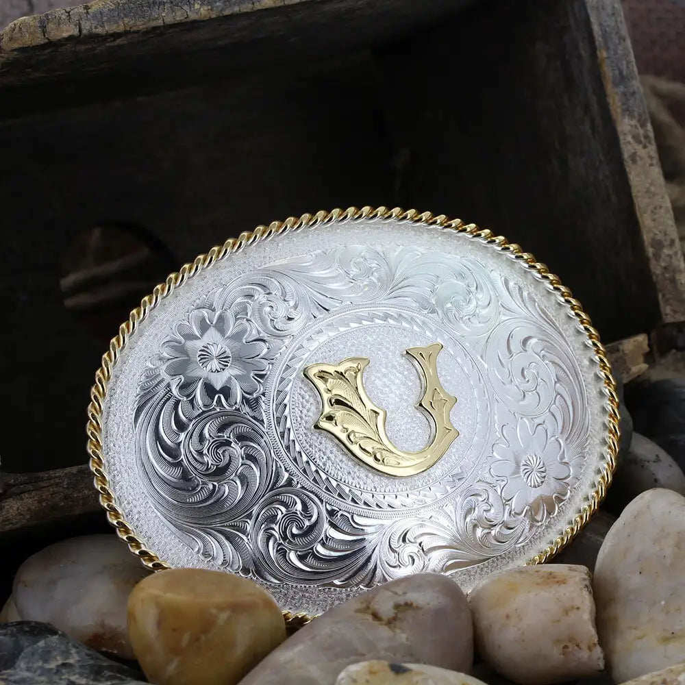 Montana Silversmiths Initial U Silver Engraved Gold Trim Western Buckle 700U