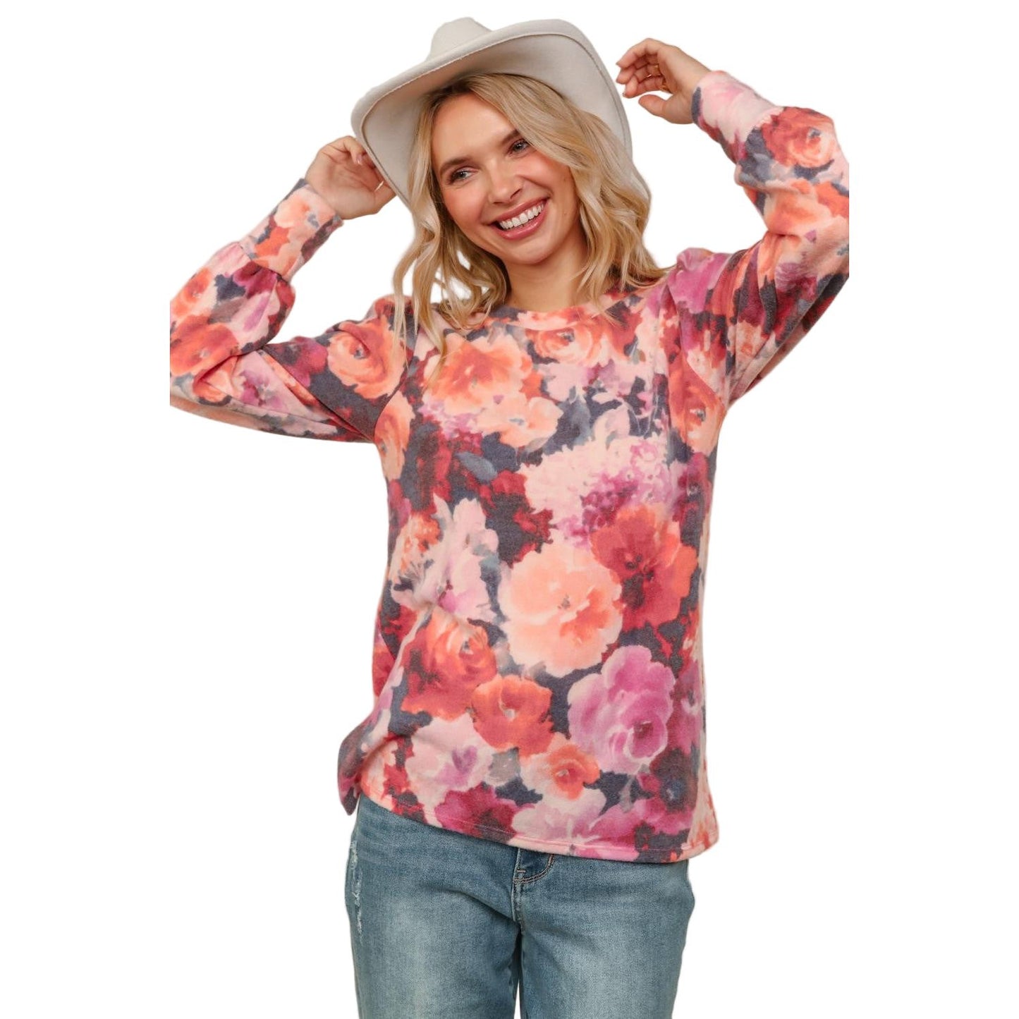 Women's Plus Round Neck Floral Brushed Hacci Knit Top HT4487DX