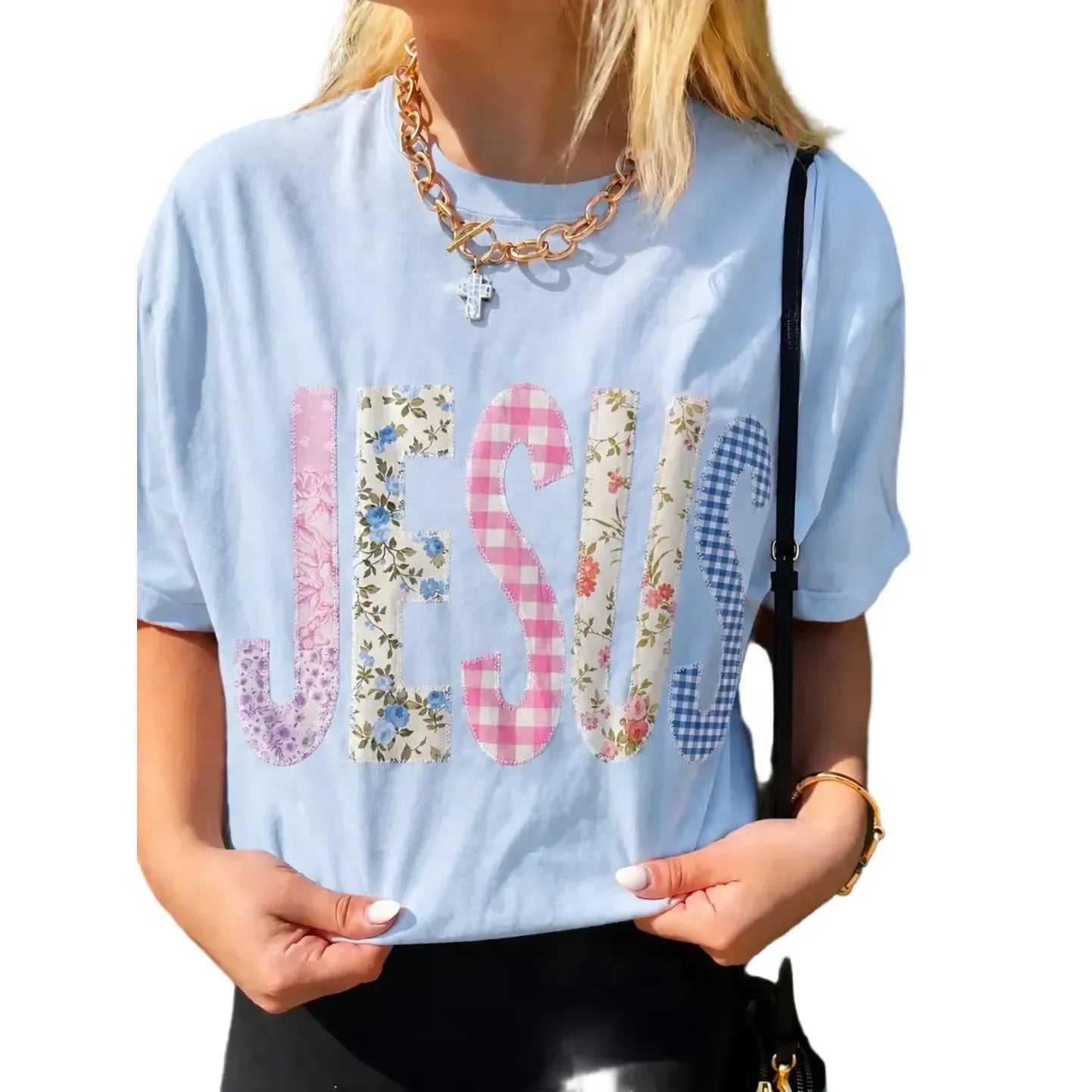 Women's Light Blue Short Sleeve Cottage Jesus T-shirt