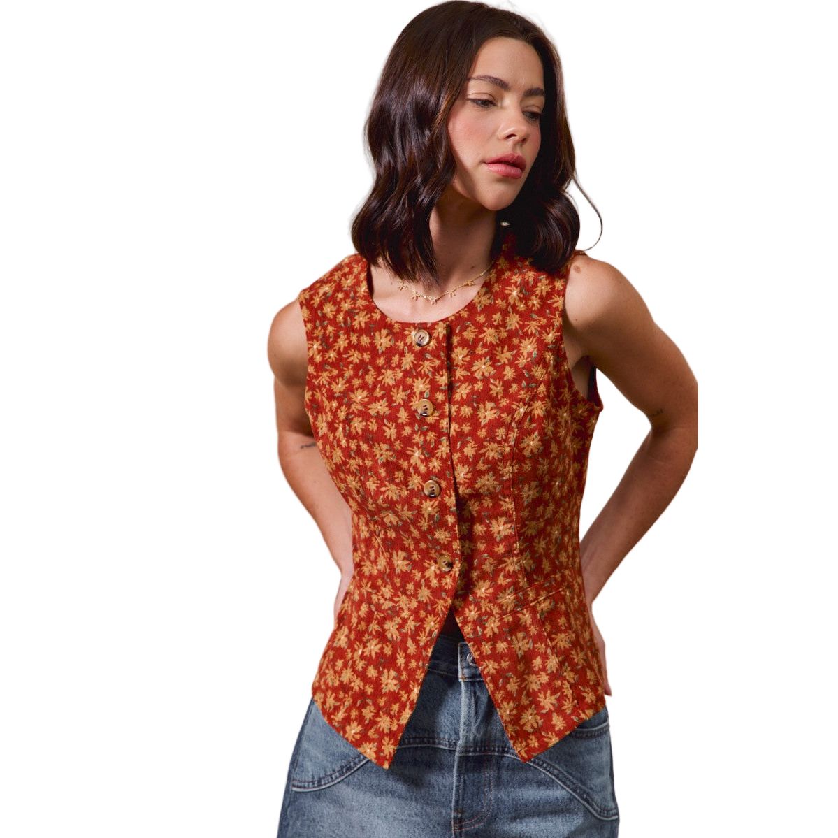 Women's Slim Fit Button Front Floral Corduroy Vest Top ST2710F-05