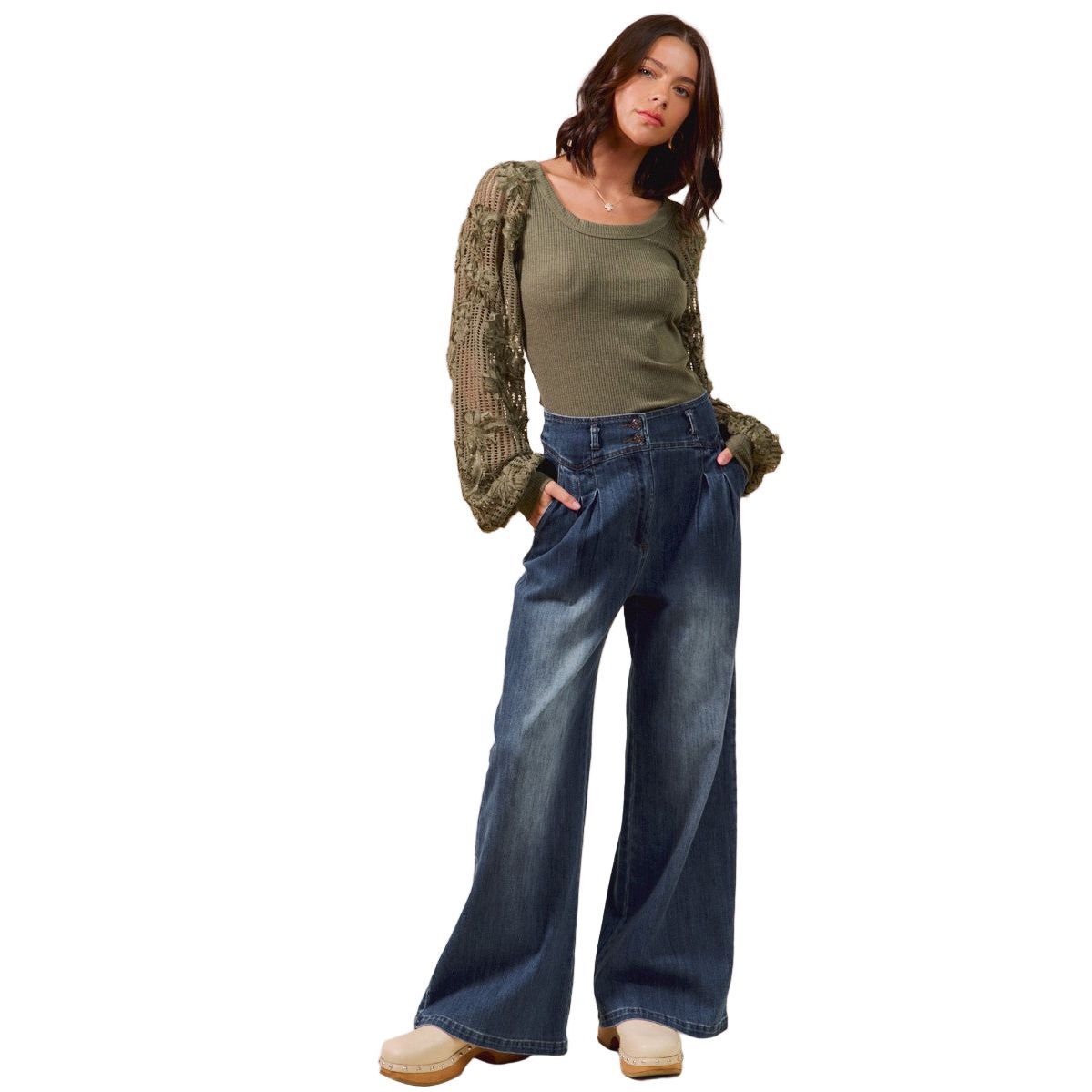 Women's High Waist Pleated Wide Leg Denim Jeans SB8562F-01