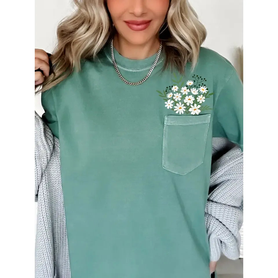 Women's Light Green Floral Pocket T-shirt