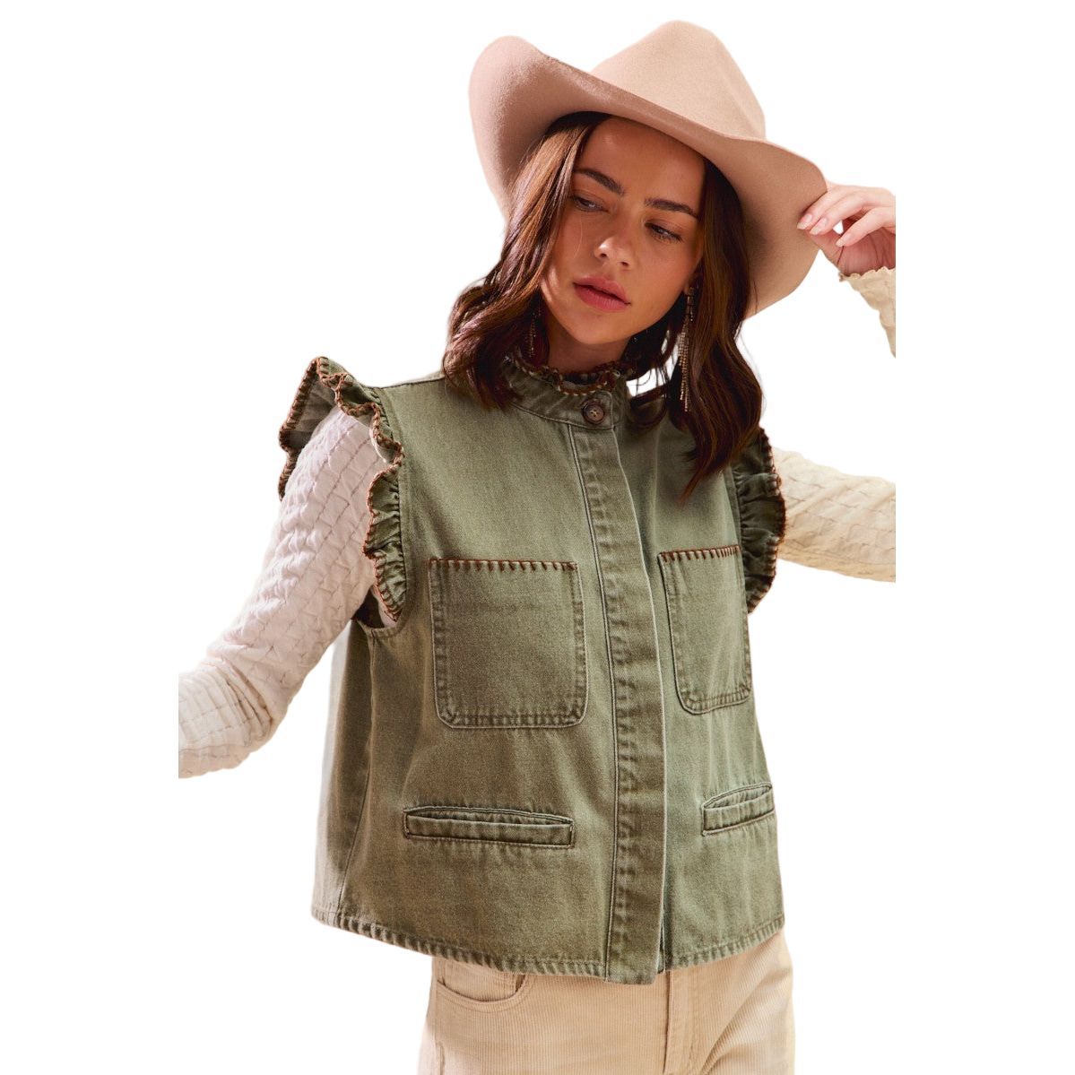 Women's Olive Washed Denim Stitch Ruffled Hidden Button Vest Top