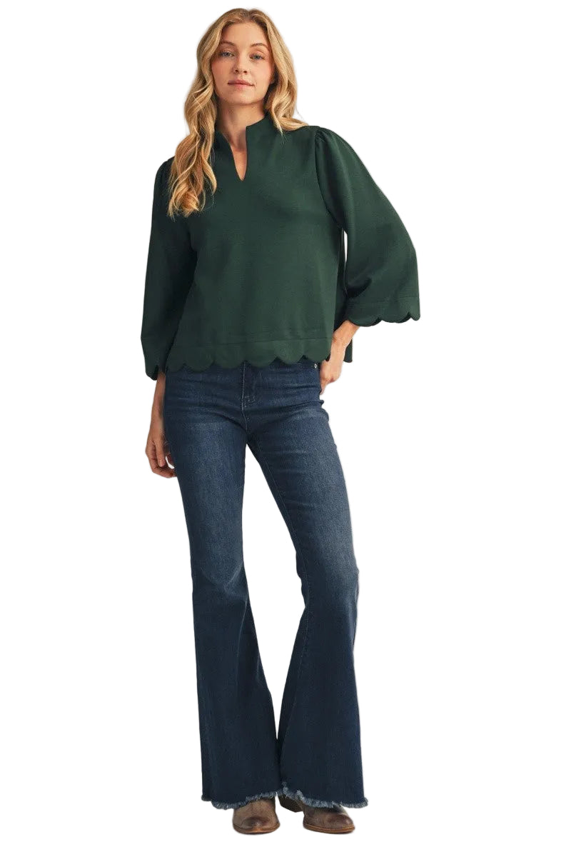 Jodifl Women's Hunter Green Scallop Edge Detail Solid Blouse