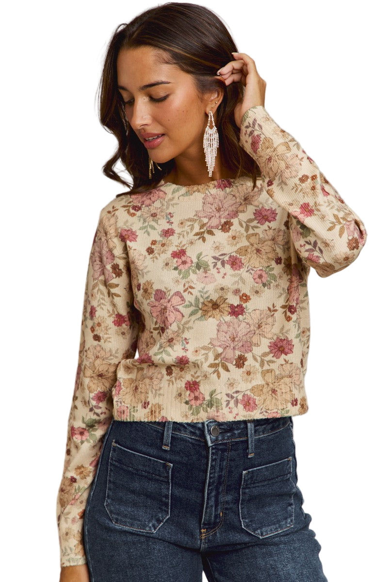 Women's Floral Crew Neck Long Sleeves Sweater Knit Top ST3677F-01